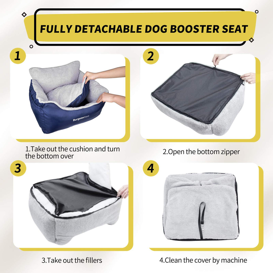 Dog Car Seat for Small Dogs, Fully Detachable and Washable Cat Carseats Under 25 lbs, Soft Pet Booster Seats with Storage Pockets and Clip-On Leash Portable Car Travel Carrier Bed, Blue