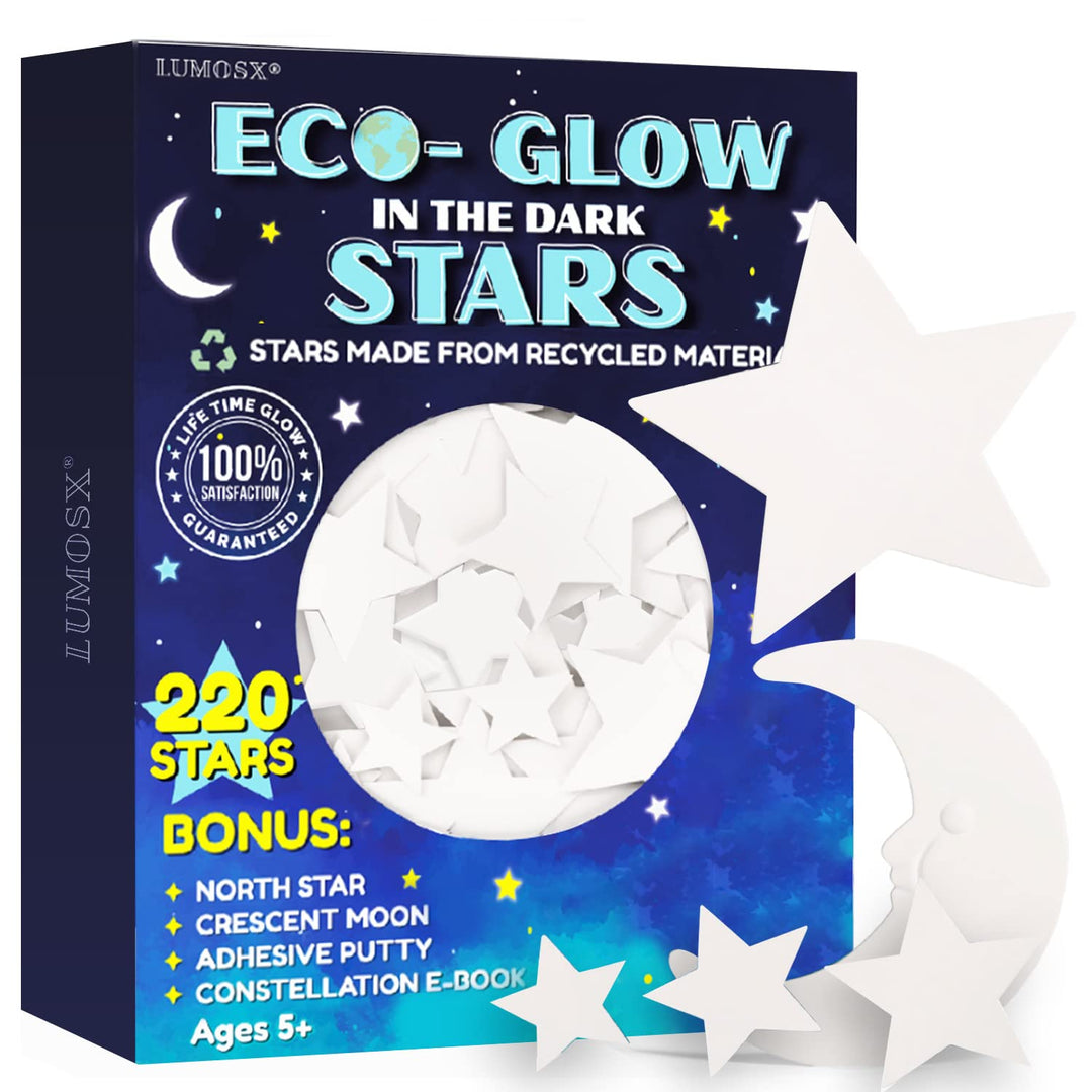 Glow in The Dark Stars for Ceiling - Stars from Recycled Materials w/North Star, Moon &amp; Constellation E-Book | 220 pcs Ceiling Stars for Ceiling Decorations for Kids Room Decor