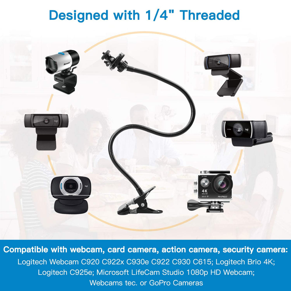 25 Inch Webcam Stand, Flexible Desk Mount Clamp Gooseneck Stand for Logitech Webcam C960 C930e C930 C920 C920S C922x C922 Brio 4K C925e C615 and Other Devices with 1/4 Thread-PIWS01