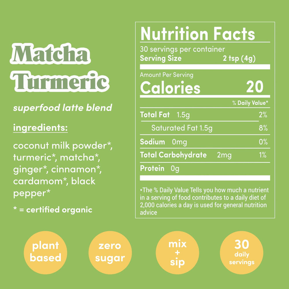 - Superfood Latte Blend - Matcha Turmeric - Plant-Based w/Turmeric, Coconut, & Matcha - Stress Balance - Vegan, Keto, & Sugar-Free - 30 Servings