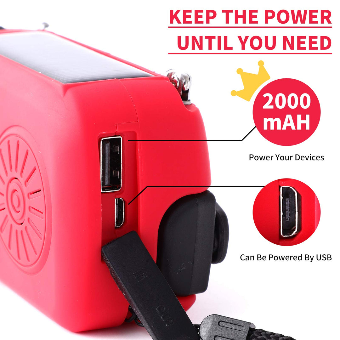 Weather Radio Emergency Hand Crank Self Powered AM/FM NOAA Solar Portable Camping Weather Radio with LED Flashlight,2000mah Portable Charge for Phone Survival Pack 071 (red)