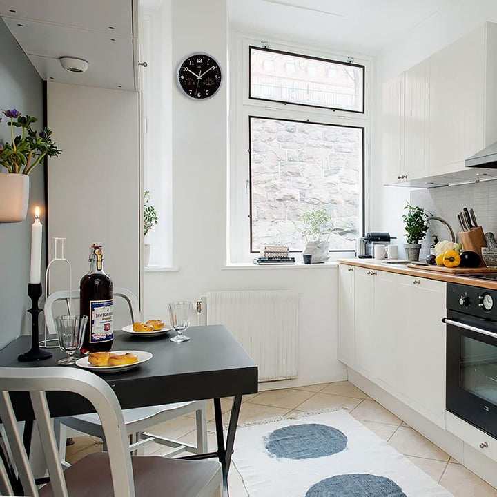 Atomic Wall Clock with Hygrometer and Thermometer Radio Wave Analog Clocks Battery Operated Round Easy to Read for Living Room Bathroom Kitchen Lanai Home Office school Travel Trailer 10&#39;&#39; Silver