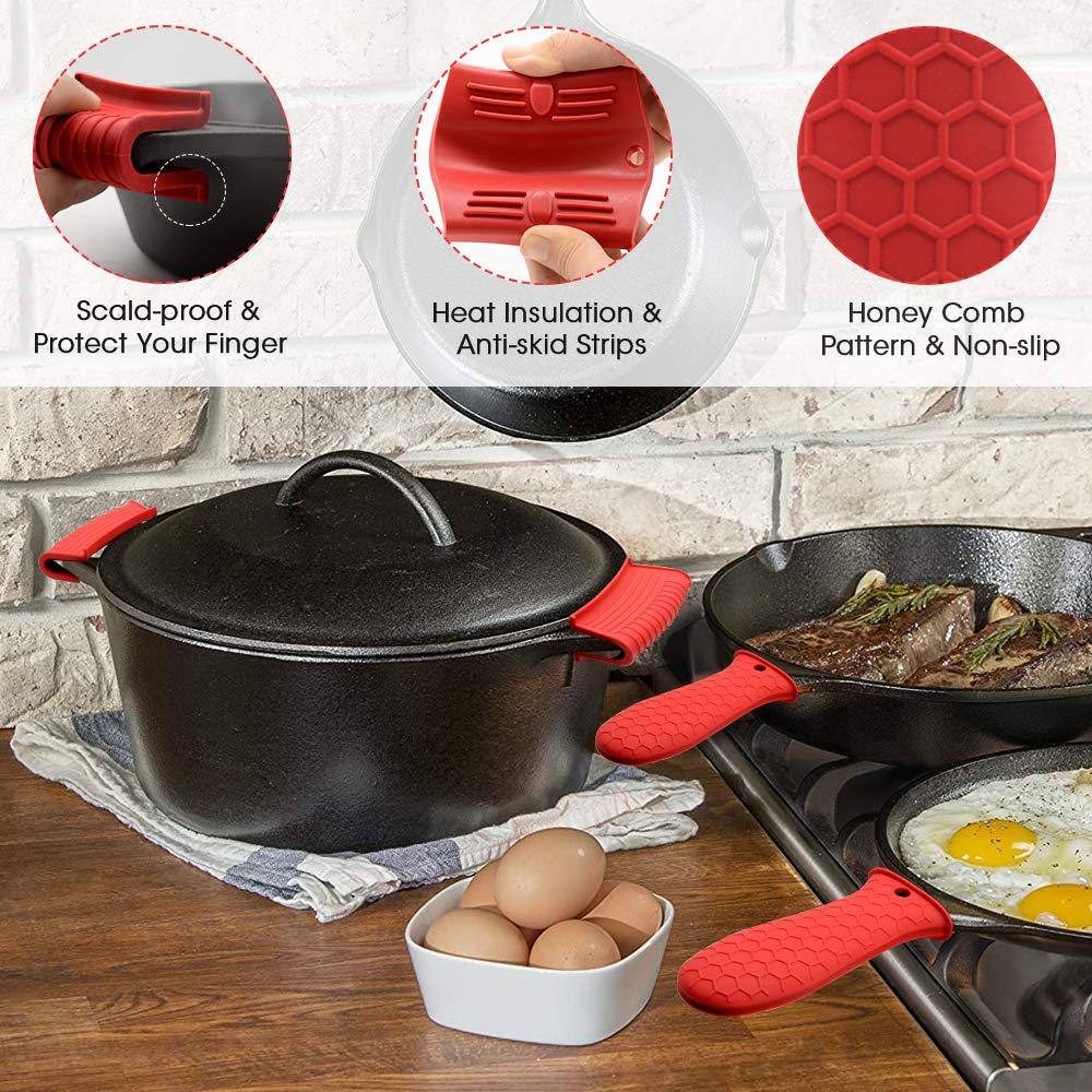 Silicone Hot Handle Holder Cover Set Assist Pan Handle Sleeve Pot Holders Cast Iron Skillets Handles Grip Covers Non-Slip Heat Resistant for Griddles Metal Frying Pans Aluminum Cookware (L, Red)