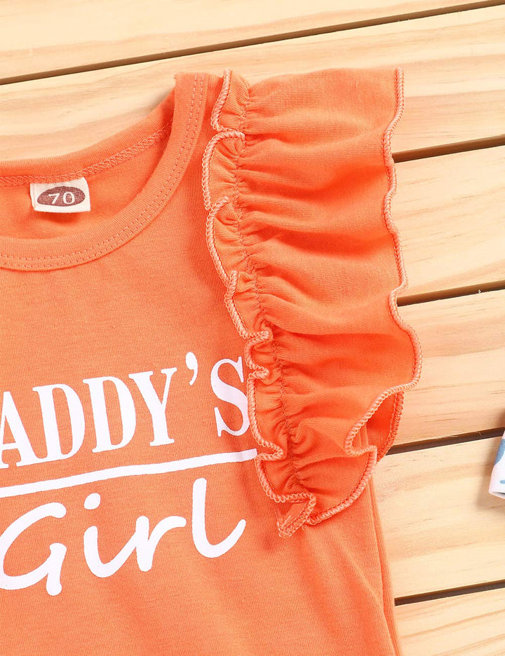 Girl&#39;s Funny Letter Top Floral Pants With Headband Newborn Summer 3Pcs Sets Romper Outfit, Light Orange, 0-3M