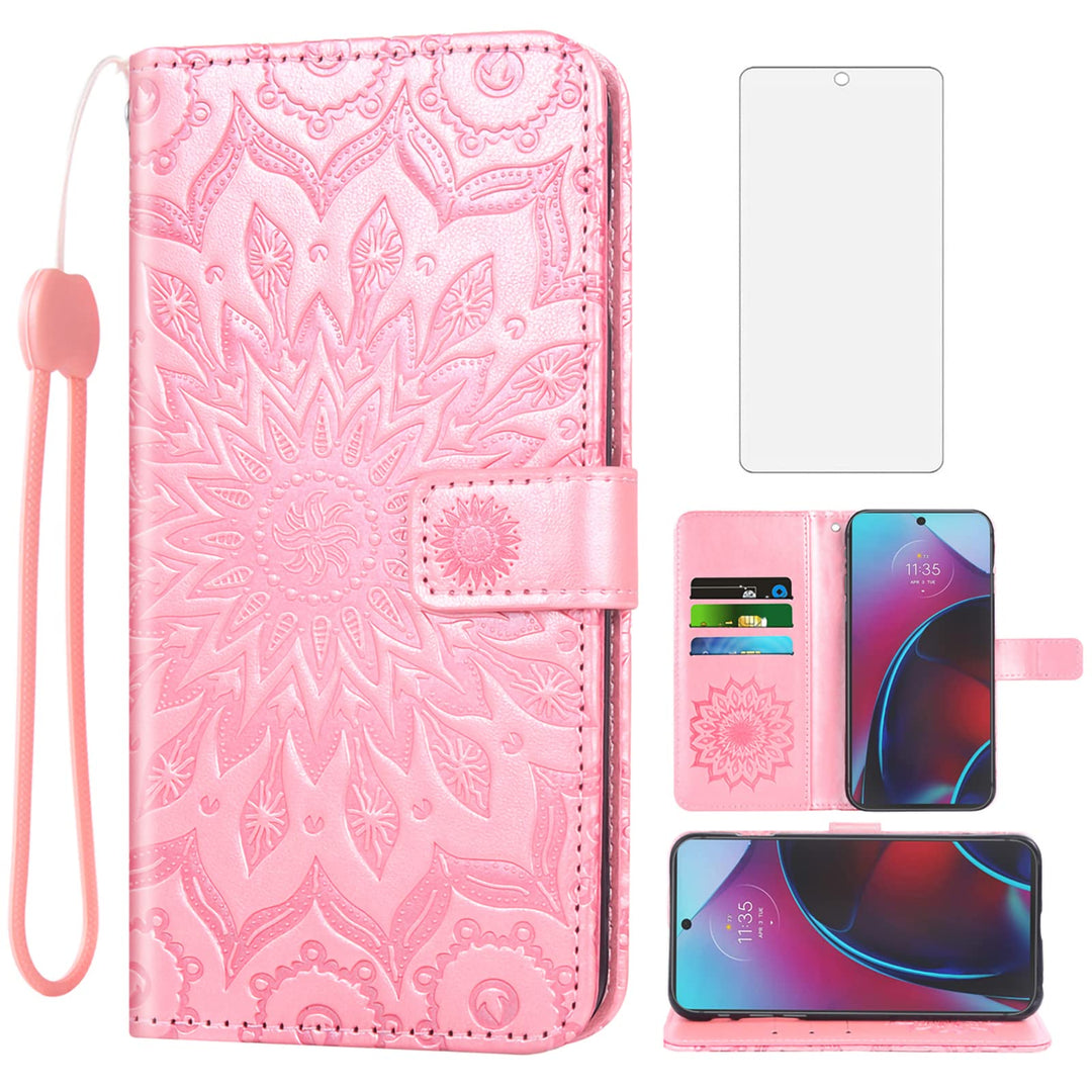 Phone Case for Moto G Stylus 5G 2022 Wallet with Tempered Glass Screen Protector and Sunflower Leather Slim Flip Cover Card Holder Stand Cell Accessories Motorola GStylus G5 XT2215DL Women Rose Gold