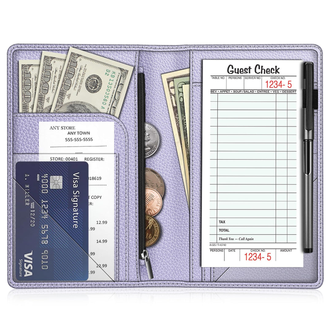 Server Book Organizer with Zipper Pocket, PU Leather Restaurant Guest Check Presenters Card Holder for Waitress, Waiter, Bartender (Lilac Purple)