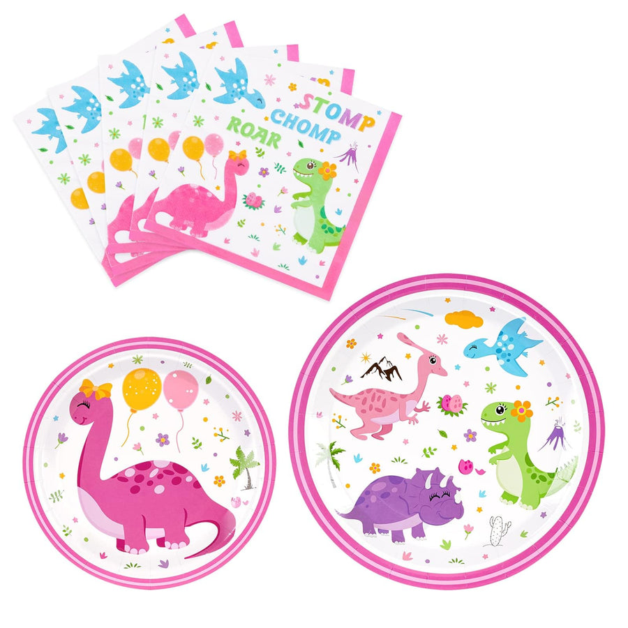 Disposable Dinosaur Plates and Napkins - Dino Party Supplies for Girls Luncheon Dinner Dessert Cake Plates Baby Shower Birthday Party Tableware Kit 48PCS Serves 16 Guests