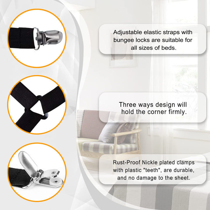 Bed Sheet Straps Set 4+1 Pcs. Sheet Holders for Corners, Bedsheet Clips Elastic Adjustable Sheet Fasteners Heavy Duty Fitted Sheet Grippers for Bedding Sheet (Black)