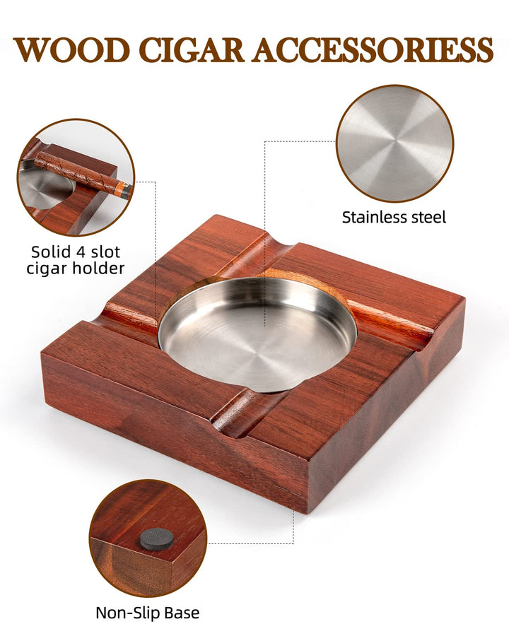 Wood Cigar Ashtray Accessories for Cigarettes - Indoor Outdoor Patio Home Office Use - Square Wooden Brown Ash Tray Gift Set for Men With Gift Box (Classic)