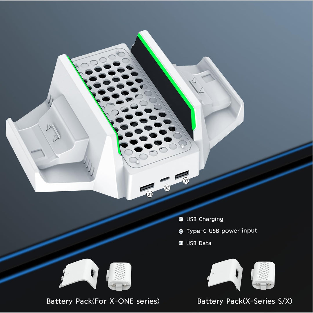 Upgraded Xbox Series S Cooling Stand with Dual Cooling Fan 3 Level Adjustable Speed, Dual Controller Charger with LED Indicator USB Port - 2 x 800mAh Rechargeable