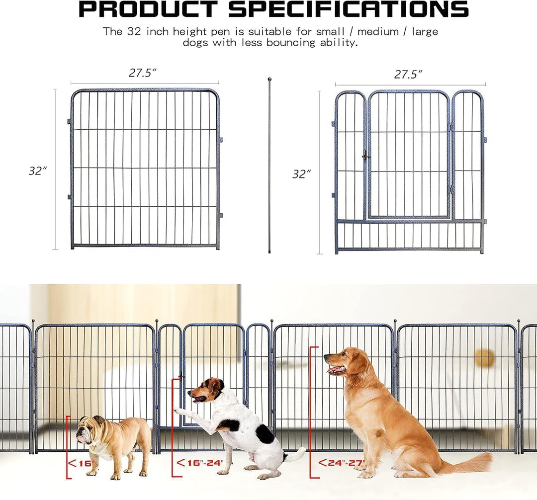 Dog Playpen,24/32/40 Inch Height in Heavy Duty,Folding Indoor Outdoor Dog Exercise Fence, Portable Pet Playpen with Door for Large Medium Dogs - Silver Gray (8 Panels, 32 inch)