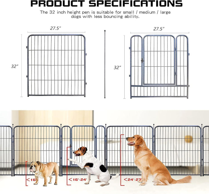 Dog Playpen,24/32/40 Inch Height in Heavy Duty,Folding Indoor Outdoor Dog Exercise Fence, Portable Pet Playpen with Door for Large Medium Dogs - Silver Gray (8 Panels, 32 inch)