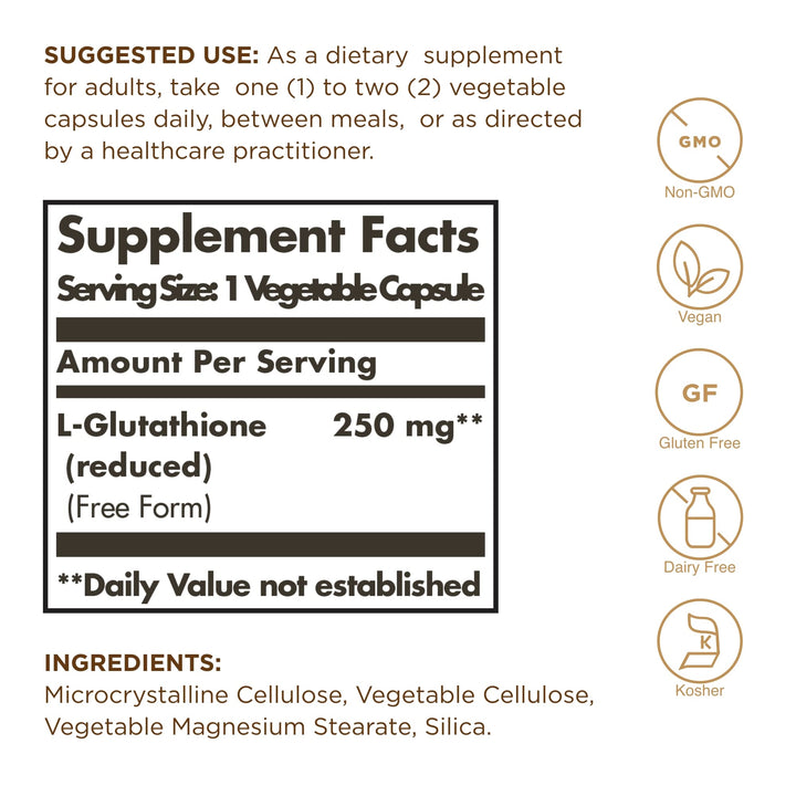 Solgar Reduced L-Glutathione 250 mg, 30 Vegetable Capsules - Antioxidant Support - Free Form Amino Acids - Non-GMO, Vegan, Gluten Free, Dairy Free, Kosher - 30 Servings