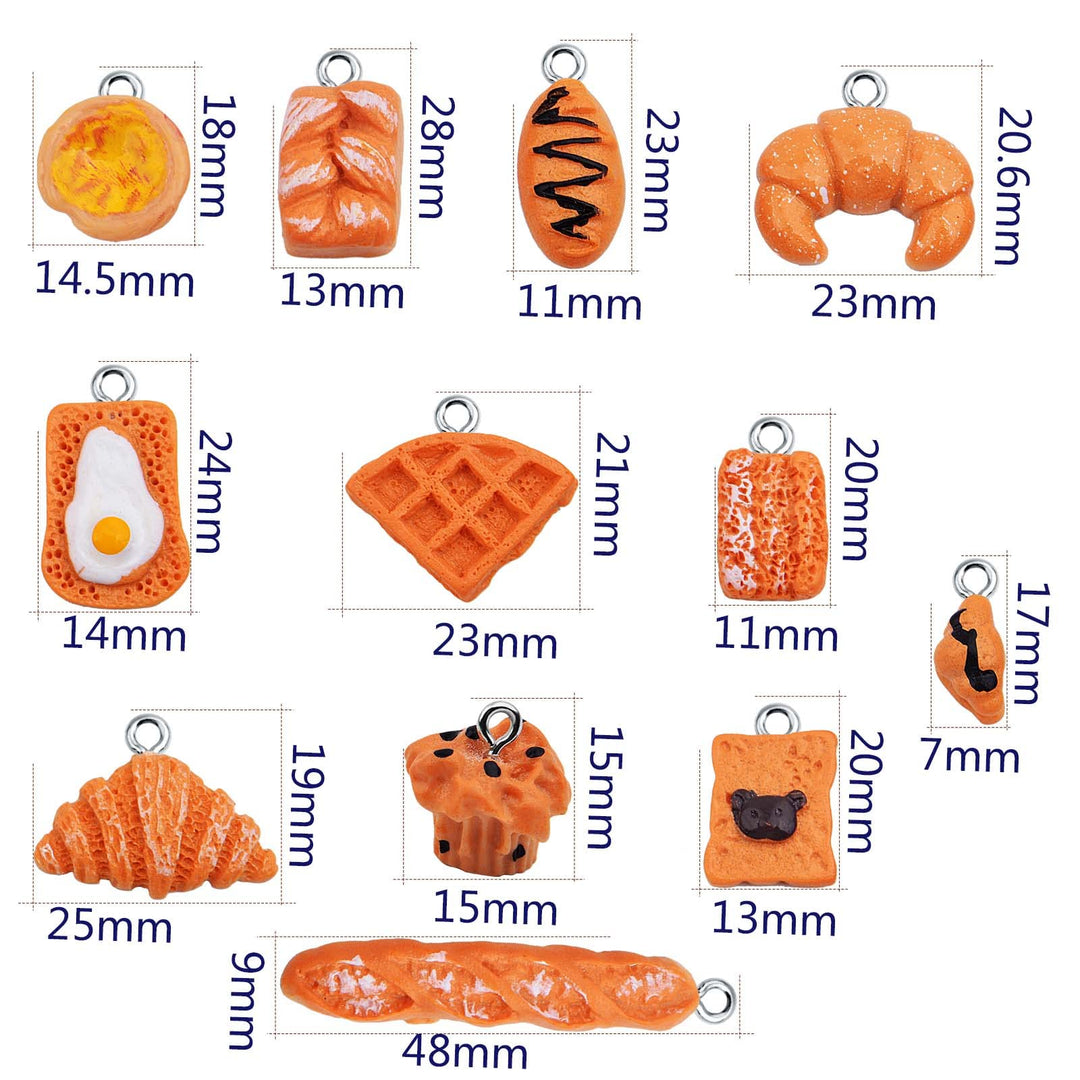24pcs Mixed Imitation Food Charms Resin Loaf Bread Baking Baguette Cake Croissant Waffle Egg Tart Dangle Pendants Ornament for DIY Necklace Keychain Jewelry Making