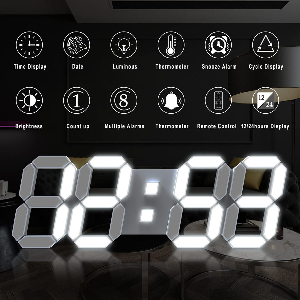 15'' 3D LED Wall Clock with Remote Control 12/24Hr Time/Date Temp Display Nightlight Alarm Digital Clock for Office/Home/Living Room/School (Cool White)