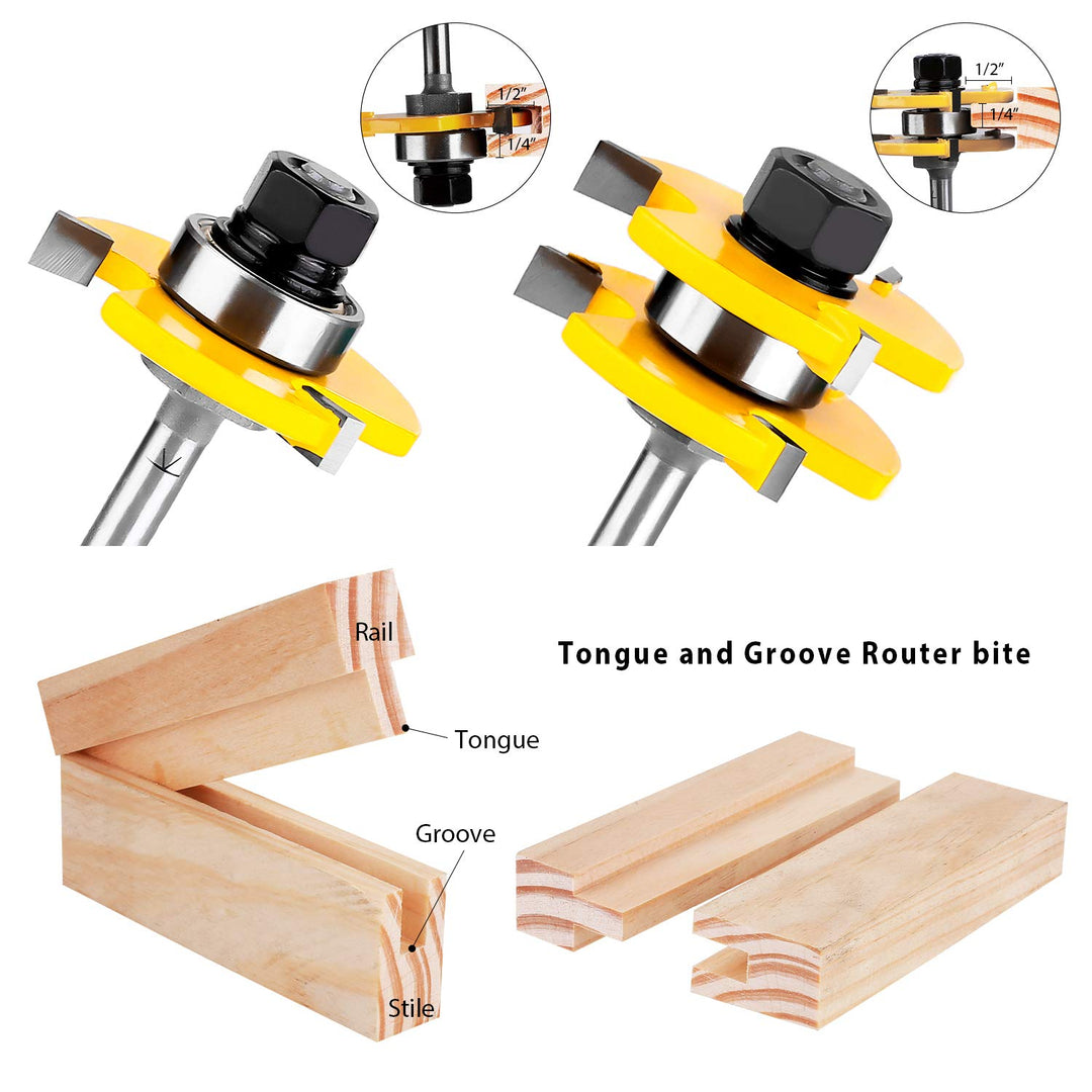 Tongue and Groove Set of 2 Pieces 1/4 Inch Shank Router Bit 3 Teeth Adjustable T Shape Wood Milling Cutter