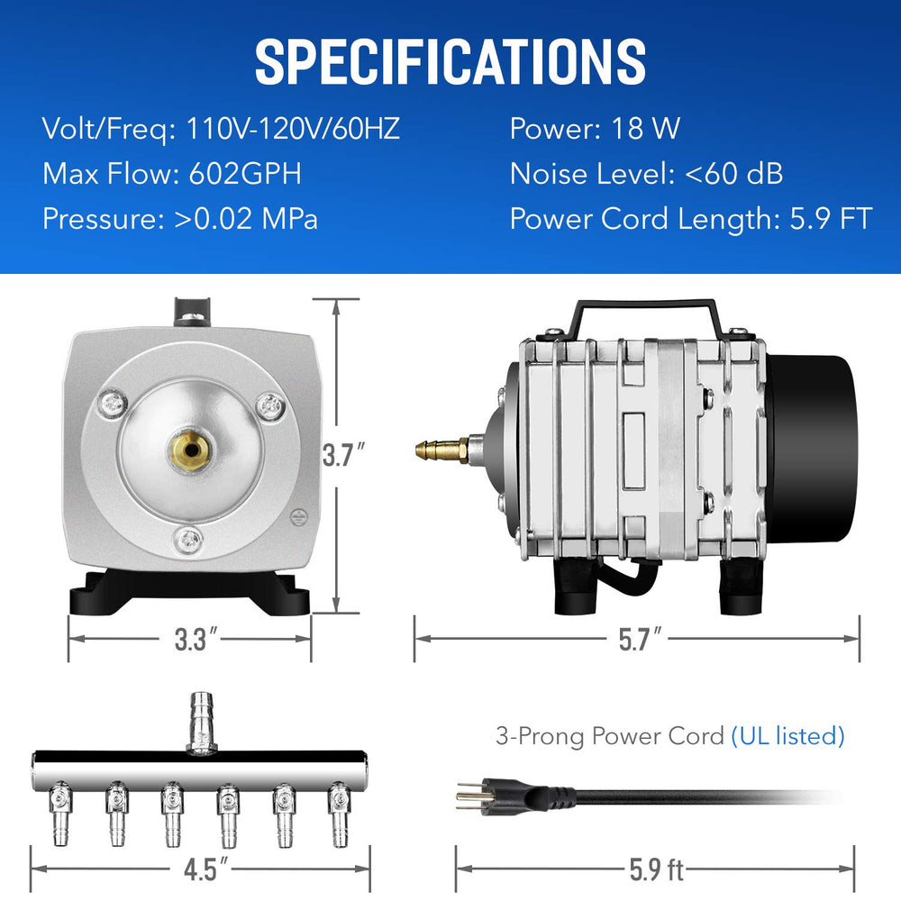 LGPUMPAIR38 602 GPH 18W 38L/min 6 Adjustable Flow Outlets with Airline Tubing 25 Feet for Aquarium, Pond, Hydroponics Systems Air Pump, 1 Pack, Silver