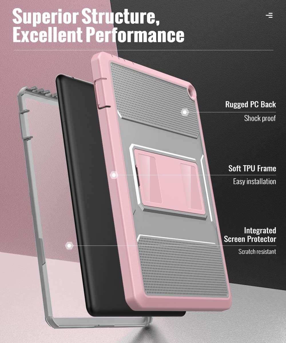 Case Fits All-New Kindle Fire HD 10 &amp; 10 Plus Tablet (11th Generation, 2021 Release) 10.1, Full Body Rugged Hands-Free Viewing Stand Back Cover with Screen Protector, Gray&amp;Pink