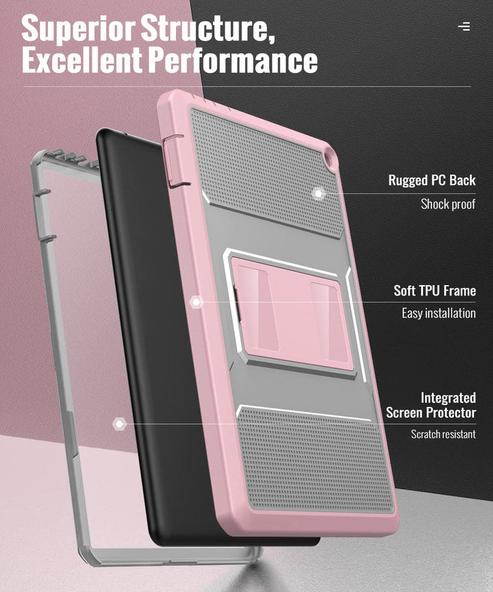 Case Fits All-New Kindle Fire HD 10 &amp; 10 Plus Tablet (11th Generation, 2021 Release) 10.1, Full Body Rugged Hands-Free Viewing Stand Back Cover with Screen Protector, Gray&amp;Pink