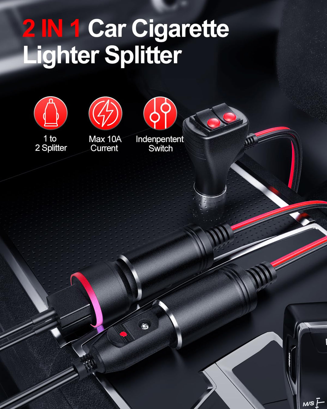 Car Cigarette Lighter Splitter Adapter 2 Socket, 1 to 2 DC 12V 24V Cigarette Lighter Power Charger Port 2-Way Splitter, 5 inch 16AWG Extension Cord Cable UL Wire with 15A Fuses