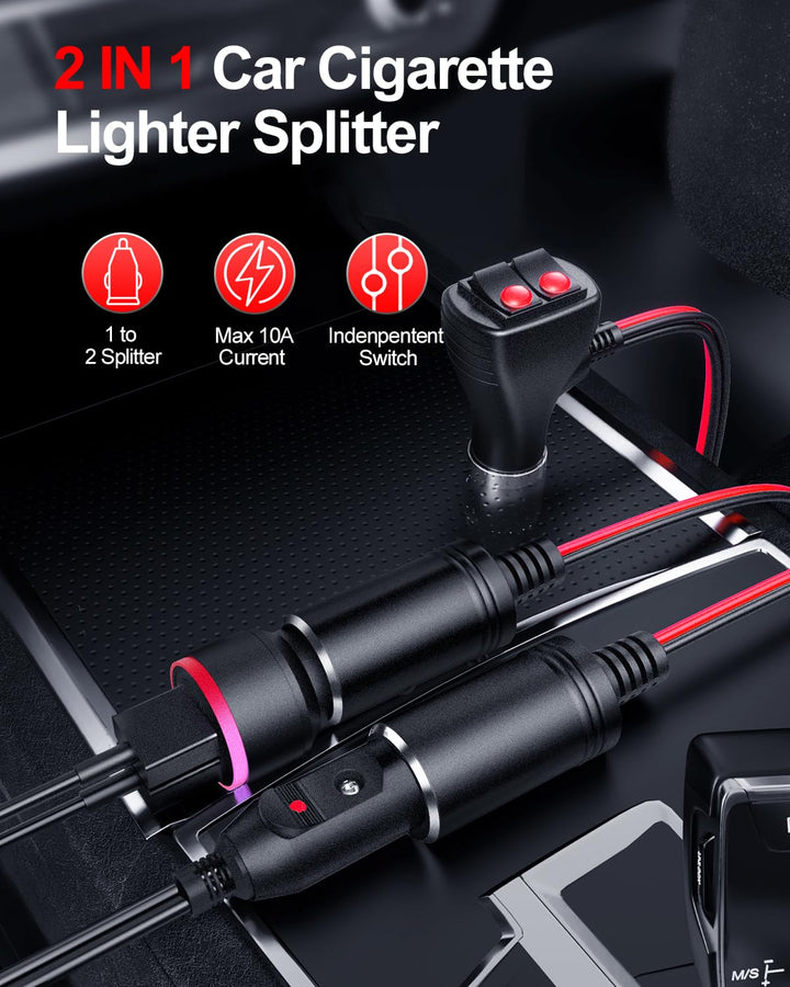 Car Cigarette Lighter Splitter Adapter 2 Socket, 1 to 2 DC 12V 24V Cigarette Lighter Power Charger Port 2-Way Splitter, 5 inch 16AWG Extension Cord Cable UL Wire with 15A Fuses