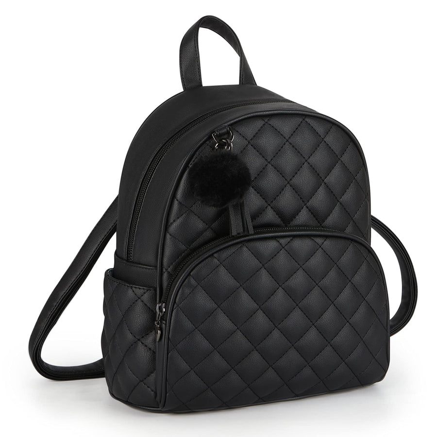 Mini Backpack for Women Leather Small Backpack Purse for Ladies Cute Pom Bookbag Travel Shoulder Bag with Charm Tassel Black