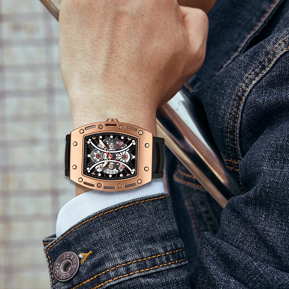 Watch Wristwatch Fashion Hollow Big Dial Luminous Waterproof Sport Analog Quartz Business Mens Watches Silicon Strap Dress Watch (Gold Black)
