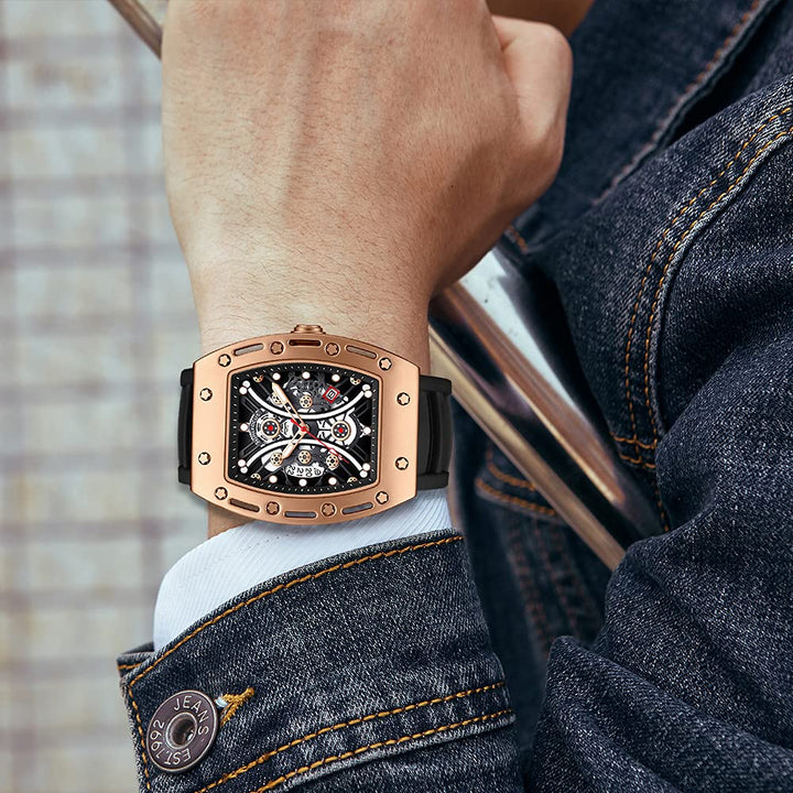 Watch Wristwatch Fashion Hollow Big Dial Luminous Waterproof Sport Analog Quartz Business Mens Watches Silicon Strap Dress Watch (Gold Black)