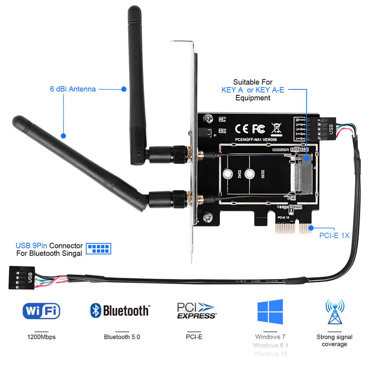 Wireless Network Card Adapter M.2 NGFF to PCI-E 1X WiFi Network Card Converter,PCI-E M.2/NGFF Card Passive Adapter with Dual-Band 2.4/5G Antenna,for WiFi and Bluetooth Card.(Not Including WiFi