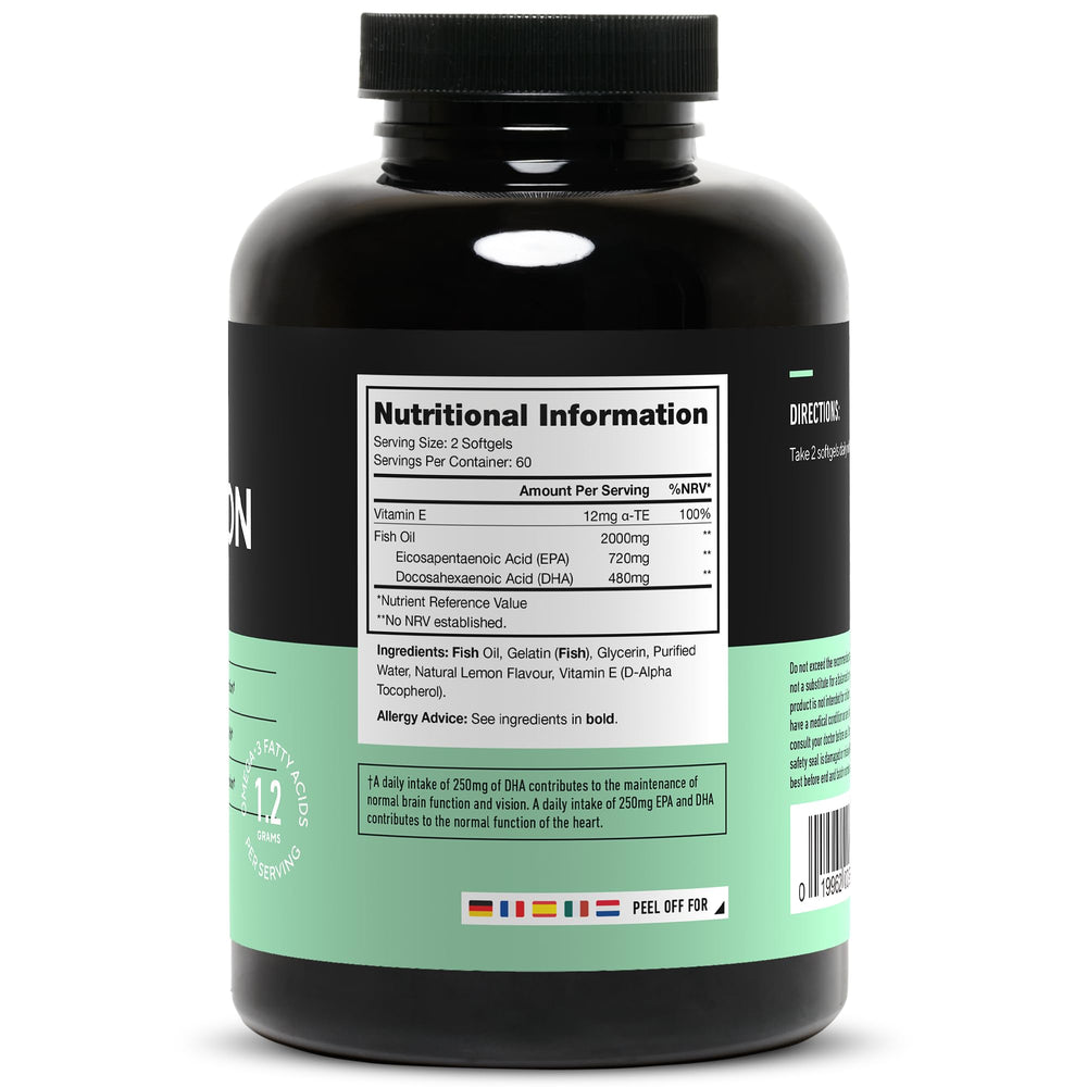 Triton Fish Oil Capsules - Triple Strength Omega 3 Essential Fatty Acids with Vitamin E & Lemon Oil for Maximum Absorption, Freshness & Purity - 2400mg EPA & DHA Per Serving, 30 Svgs