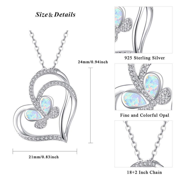 925 Sterling Silver with White Opal Butterfly Necklace, Double Heart with Cubic Zircon Butterfly Jewelry Mother Day Gift for Women Girlfriend Daughter with Gift Box (Opal Butterfly Necklace)