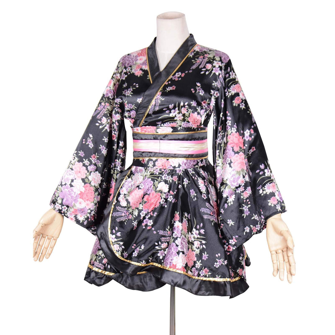 Kimono Bathrobe Costume Japanese Traditional Yukata Cosplay Women&#39;s Sexy Sakura Pattern (Black), Large