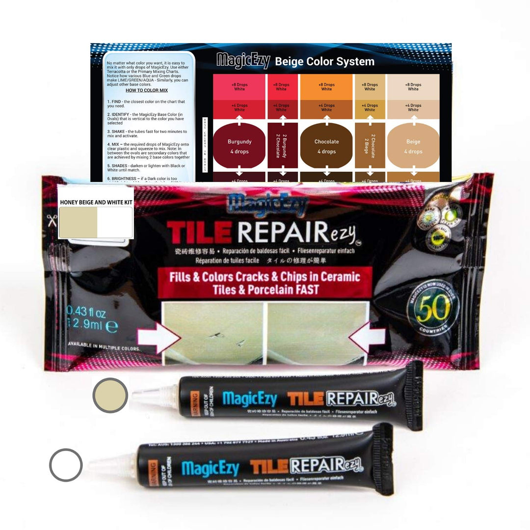 Tile RepairEzy Tile Repair Kit (Honey Beige/White) - Crack and Chip Repair for Floor and Wall Tiles Fast - Porcelain and Ceramic Tile Repair Kit