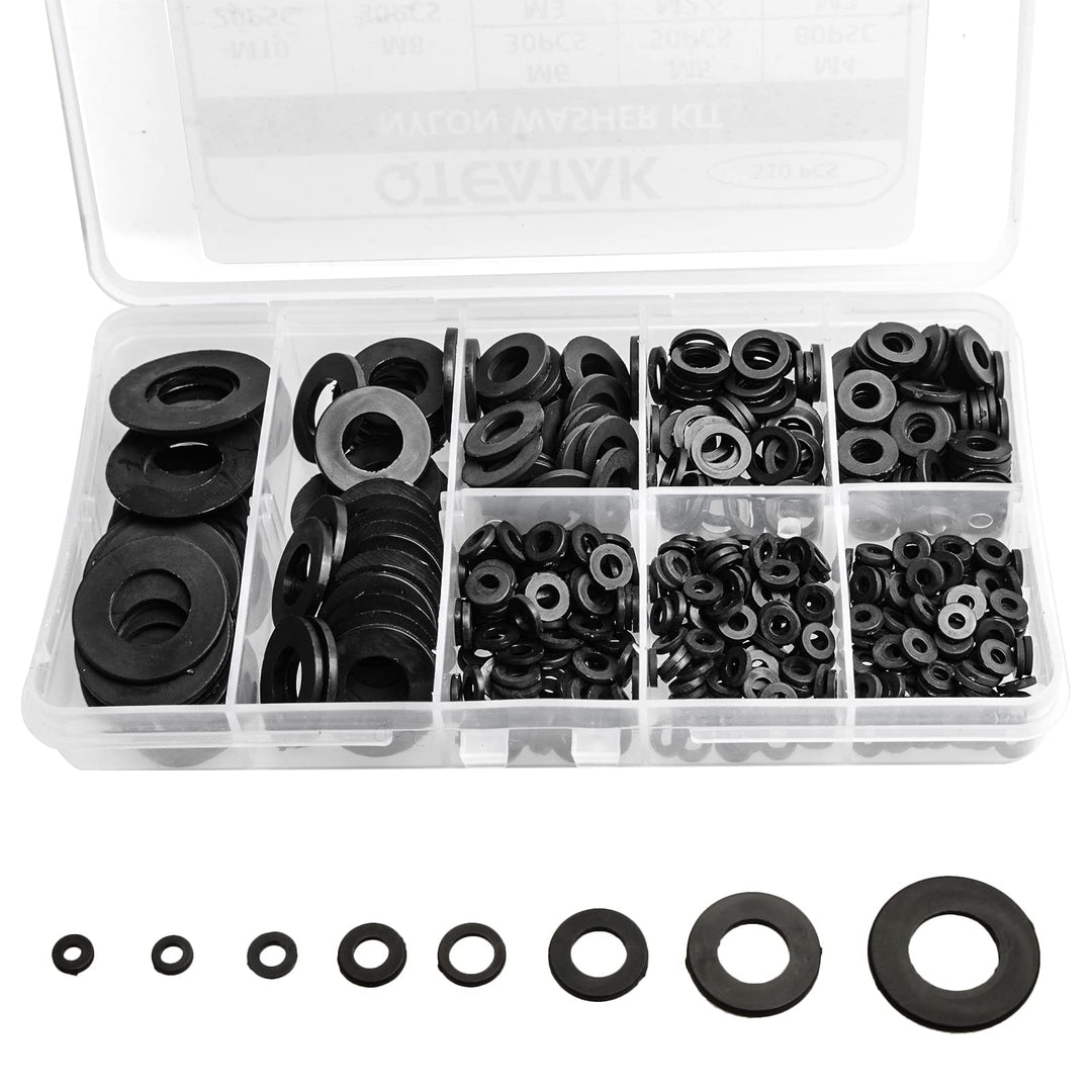 QTEATAK 510 Pcs Black Nylon Flat Washer Assortment Kit 
