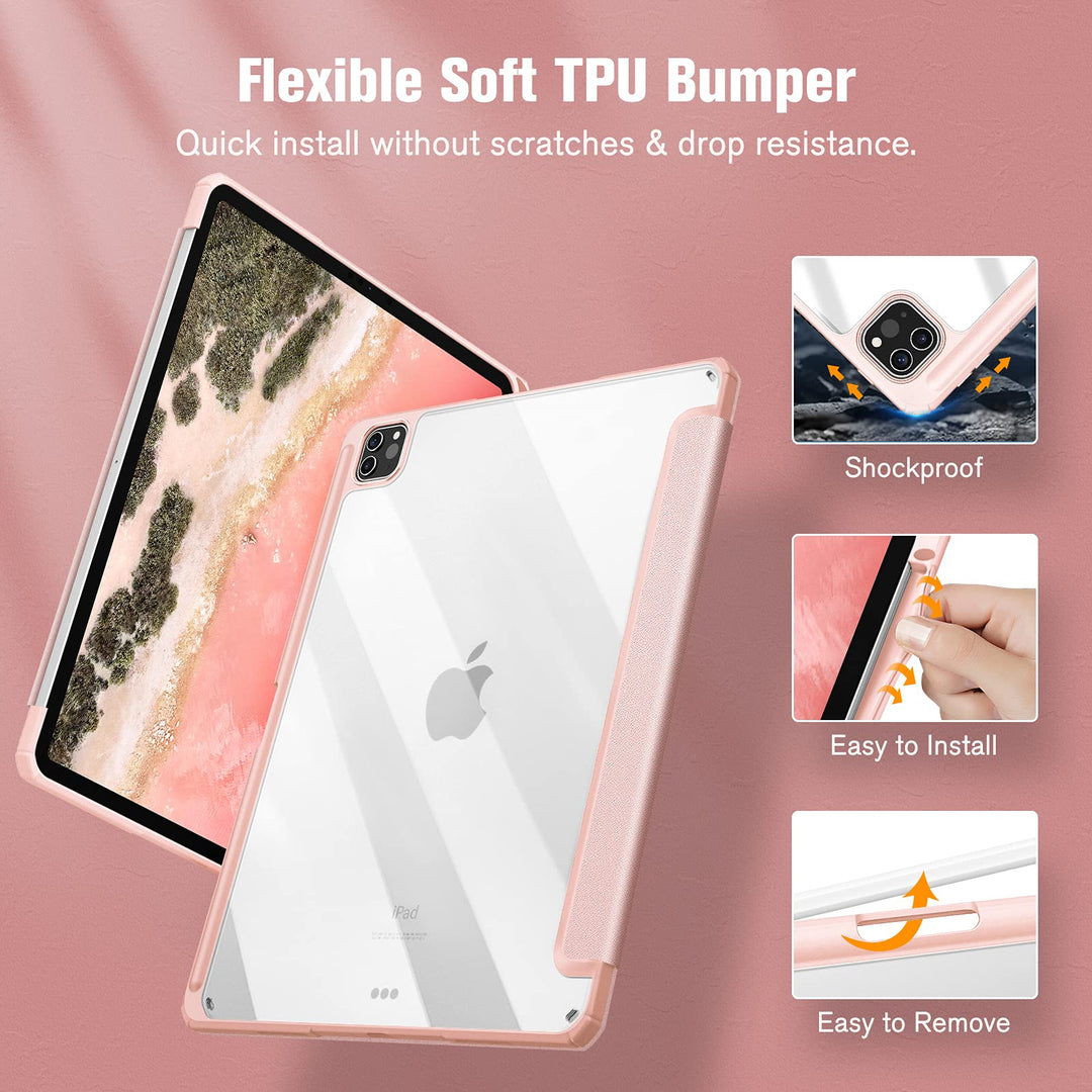 Hybrid Slim Case for iPad Pro 12.9-inch 6th Generation 2022, [Built-in Pencil Holder] Shockproof Cover w/Clear Transparent Back Shell, Also Fit iPad Pro 12.9 5th/4th/3rd Gen, Rose Gold
