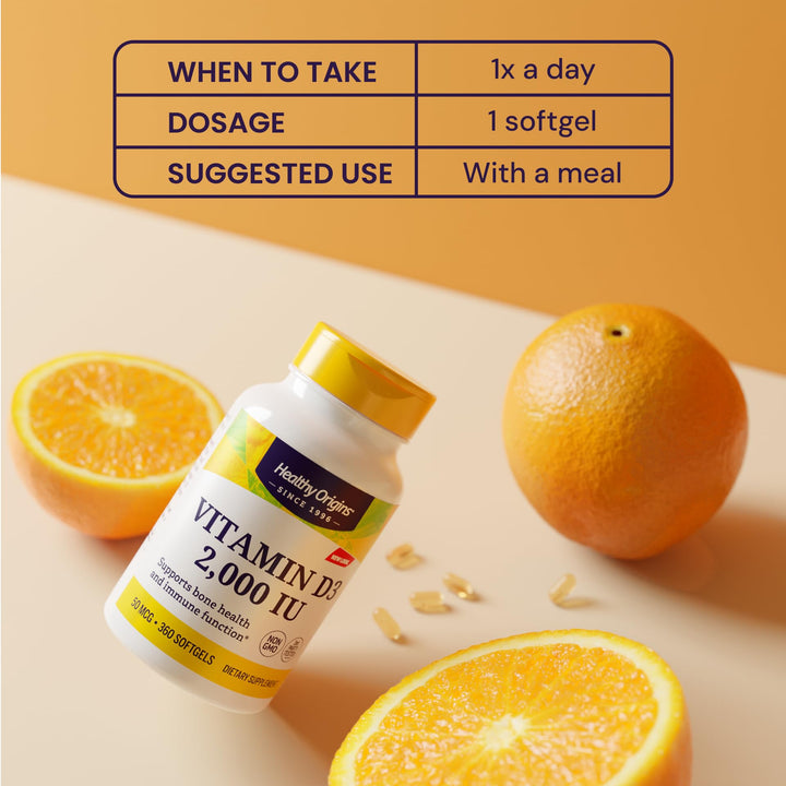 Healthy Origins Vitamin D3 (Lanolin) 2,000 IU Softgel - Bone Health and Immune Support Supplement - Easily Absorbable Vitamin D Supplements - Gluten-Free Vitamin D3 Supplement - 360 Softgels