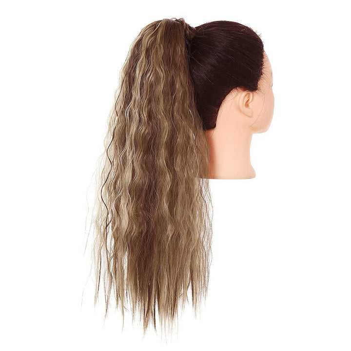 Fake Ponytail Hair Extension Curly Wavy Synthetic Wrap Around Pony Tail Hairpiece 22 Inch Long for Women Brown with Ash Blonde Highlight