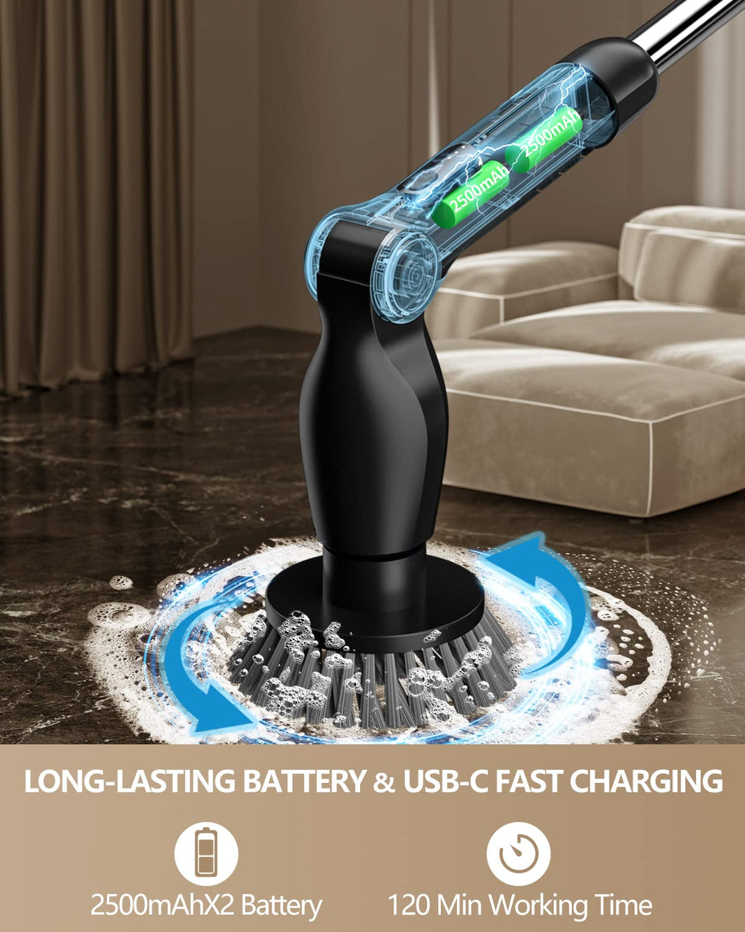 Electric Spin Scrubber, Cordless Cleaning Brush with 8 Replaceable Brush Heads, Adjustable Extension Handle, 2 Speeds &amp; Remote Control, Power Scrubber for Cleaning Bathroom, Shower, Tub, Floor