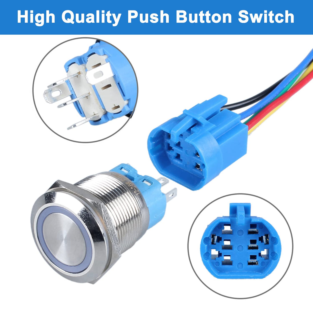 1PC 22mm Metal Waterproof Anti-Vandal Momentary Push Button Switch 12V-24V LED Light (ON)-Off 5Pins 1NO 1NC with Pre-Wired Socket for 7/8 Mounting Hole Black Shell Halo Ring Orange
