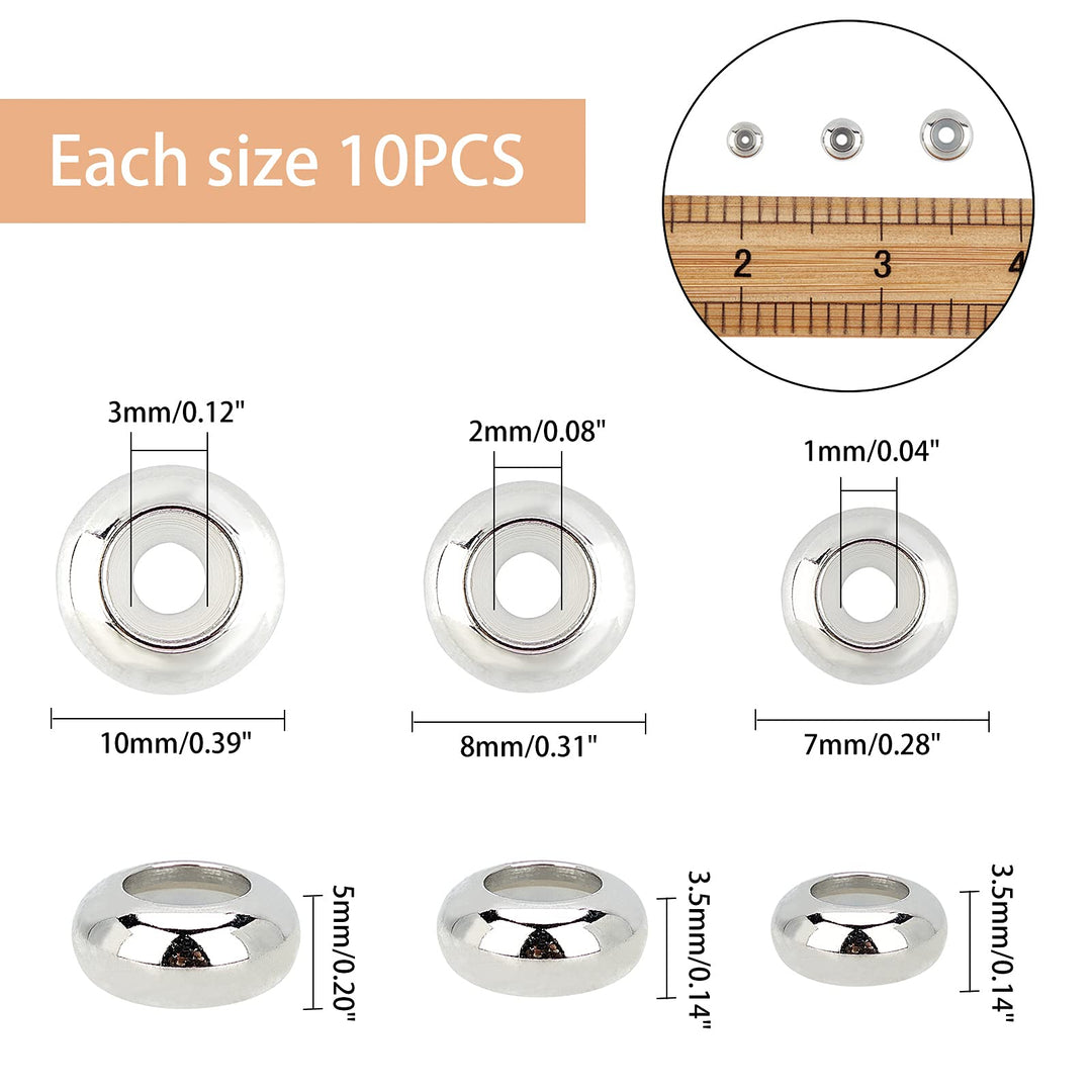 304 Stainless Steel Slider Beads 30pcs Stopper Beads 7mm 8mm 10mm Adjustable Beads Slider Metal Loose Beads with Rubber Inside for Bracelets Necklaces Chain Jewelry Making Hole: 1~3mm
