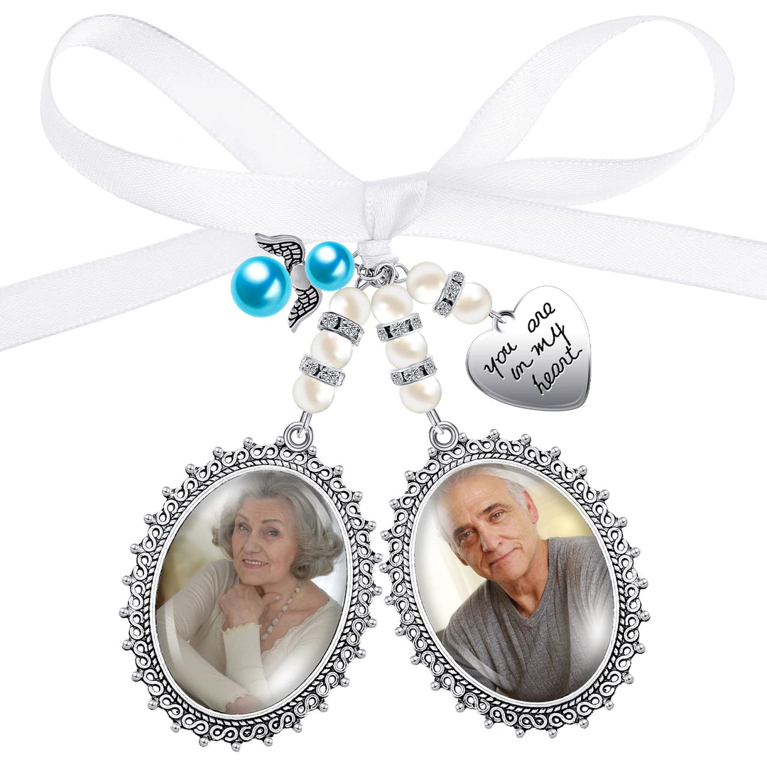 Wedding Bouquet Charm Bouquet Charms for Wedding Memory Bridal Lacy Oval Bridal Charm Bride Angel Charm Memorial Photo Charm You Are Always in My Heart Charm for Bridal Party (Double Pendant Style)