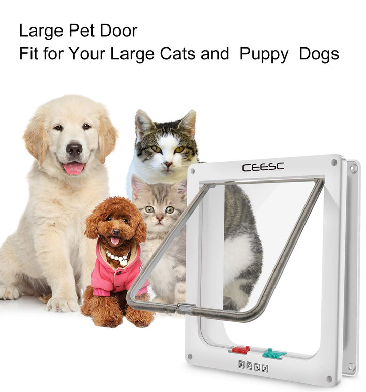 CEESC Extra Large Cat Door (Outer Size 11x9.8), Weatherproof, White, ABS Material, 4-Way Locking Flap for Cats & Dogs up to 25.54 lbs