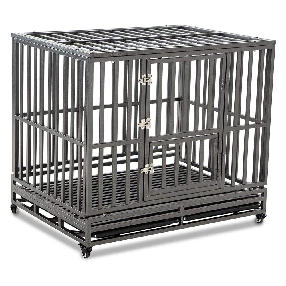 Heavy Duty Dog Cage Metal Kennel and Crate for Medium and Large Dogs, Pet Playpen with Four Wheels,Easy to Install,42 inch,Black