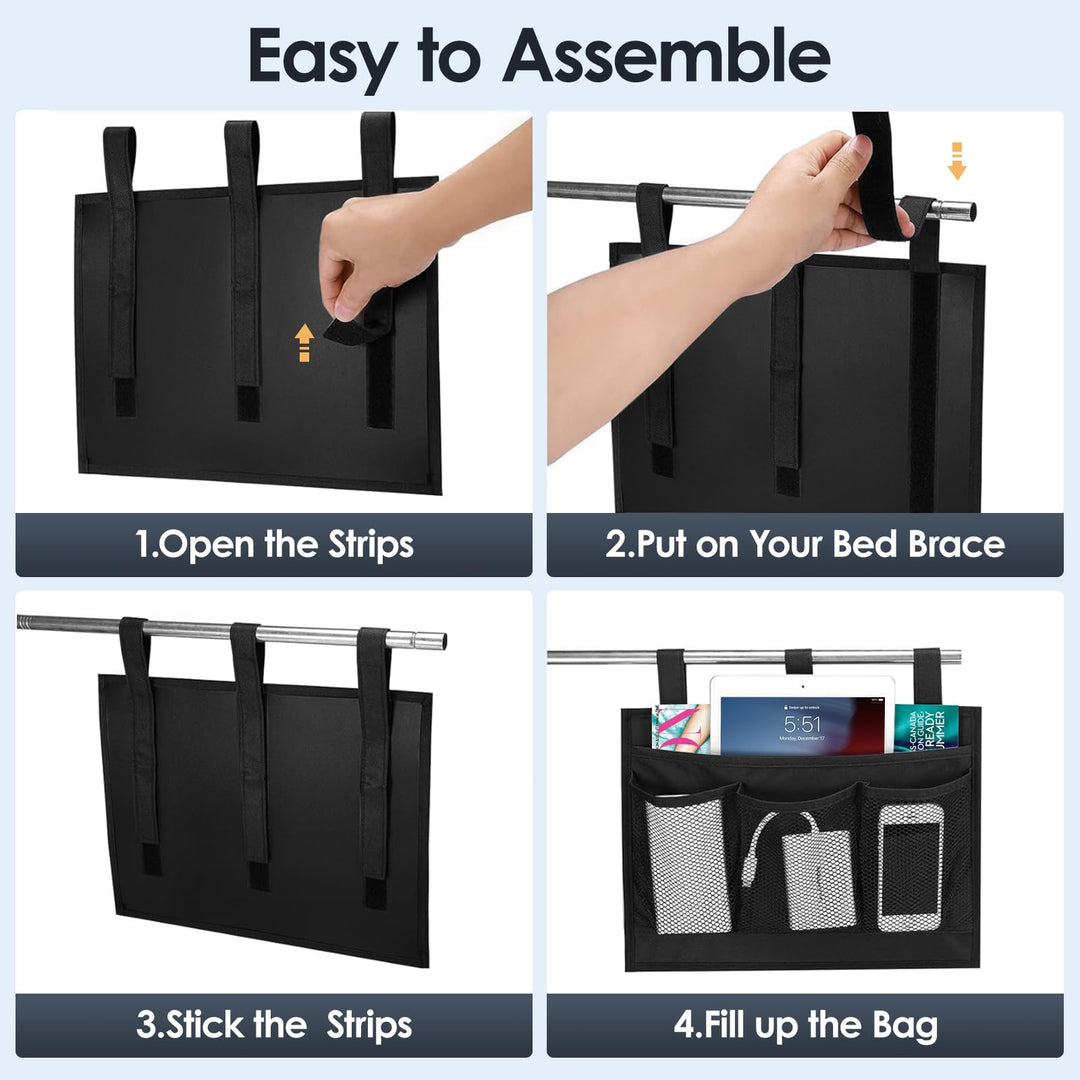 Bedside Caddy Storage Organizer, Hanging Storage Bag Pocket for Bunk/Hospital Beds,College Dorm Organizer for Remotes Phone,College Dorm,Camp,Baby Bed Rails(4 Pockets),Black