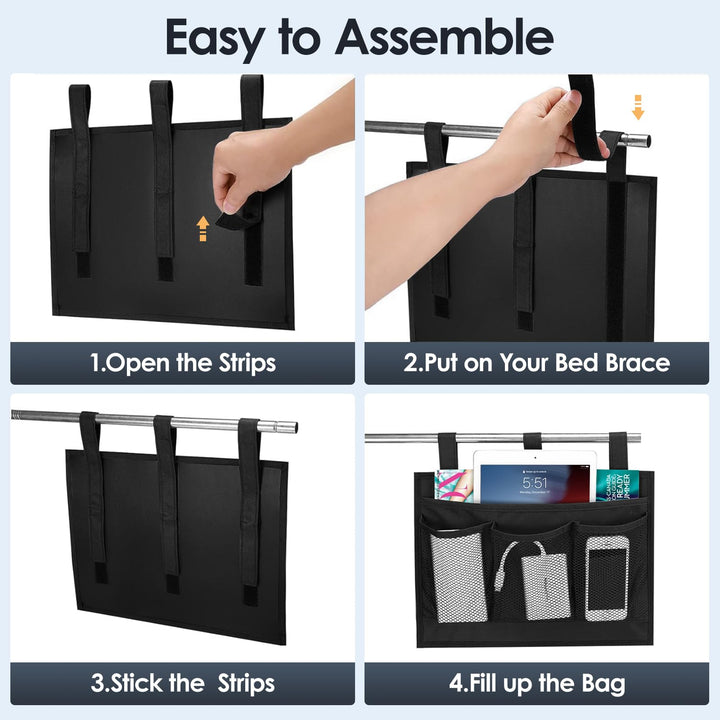 Bedside Caddy Storage Organizer, Hanging Storage Bag Pocket for Bunk/Hospital Beds,College Dorm Organizer for Remotes Phone,College Dorm,Camp,Baby Bed Rails(4 Pockets),Black