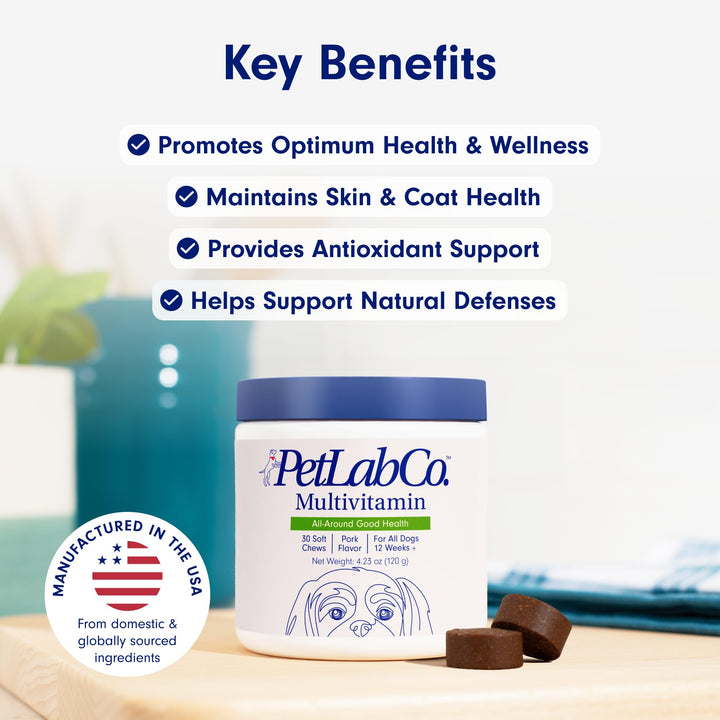 22 in 1 Dog Multivitamin - Support Dog&#39;s Immune Response, Skin, Coat, Joints &amp; Overall Health - Vitamins A, E, D, B12, Minerals, Antioxidants - Chewable Pork Flavor