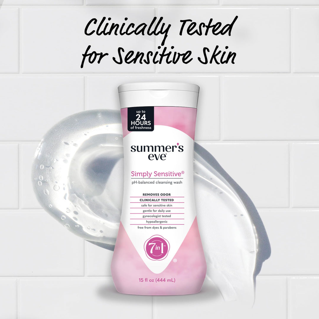 Summer's Eve Simply Sensitive Daily Gentle All Over Feminine Body Wash, Removes Odor, Feminine Wash pH Balanced, 15 fl oz, 3 Pack