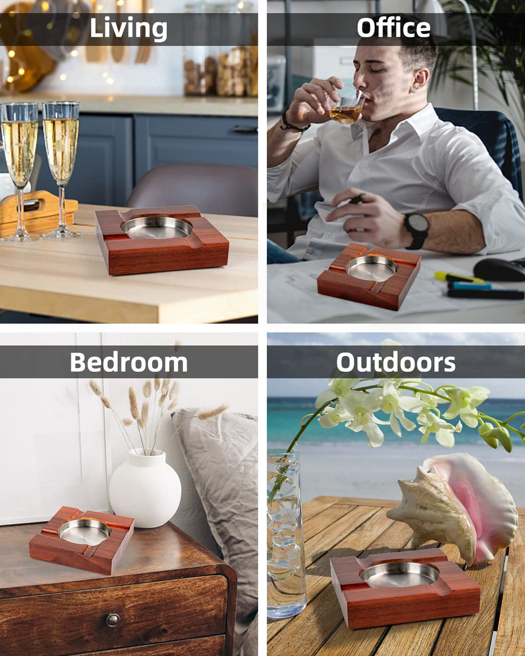 Wood Cigar Ashtray Accessories for Cigarettes - Indoor Outdoor Patio Home Office Use - Square Wooden Brown Ash Tray Gift Set for Men With Gift Box (Classic)