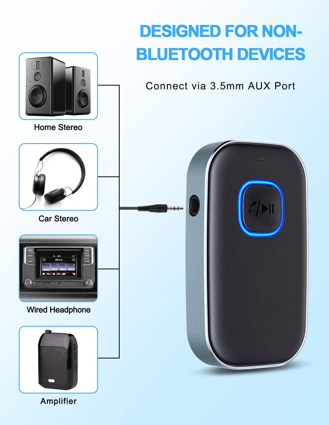 Bluetooth AUX Adapter for Car, Noise Reduction Bluetooth Receiver for Music/Hands-Free Calls, Wireless Audio Receiver for Home Stereo/Speaker, 16H Battery Life/Dual Connect (Black+Gray)