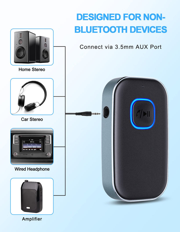 Bluetooth AUX Adapter for Car, Noise Reduction Bluetooth Receiver for Music/Hands-Free Calls, Wireless Audio Receiver for Home Stereo/Speaker, 16H Battery Life/Dual Connect (Black+Gray)